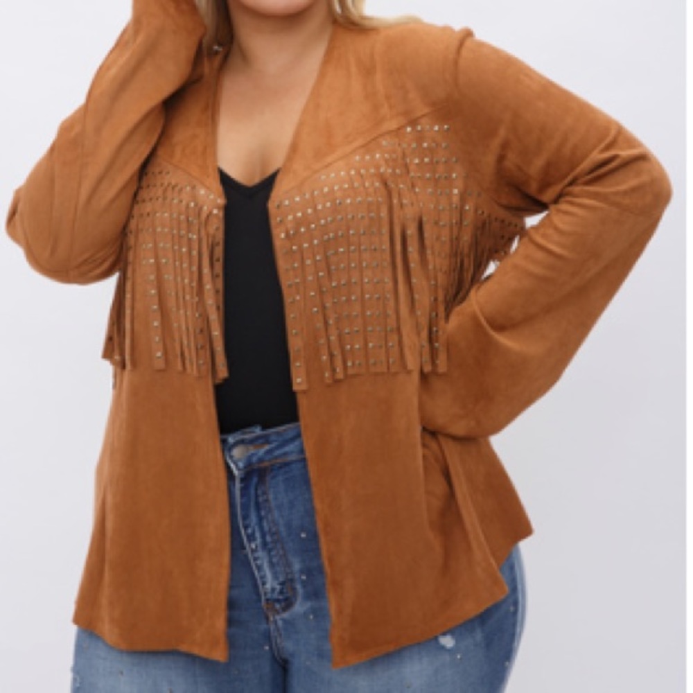 Studded Fringe Suede Jacket- Camel